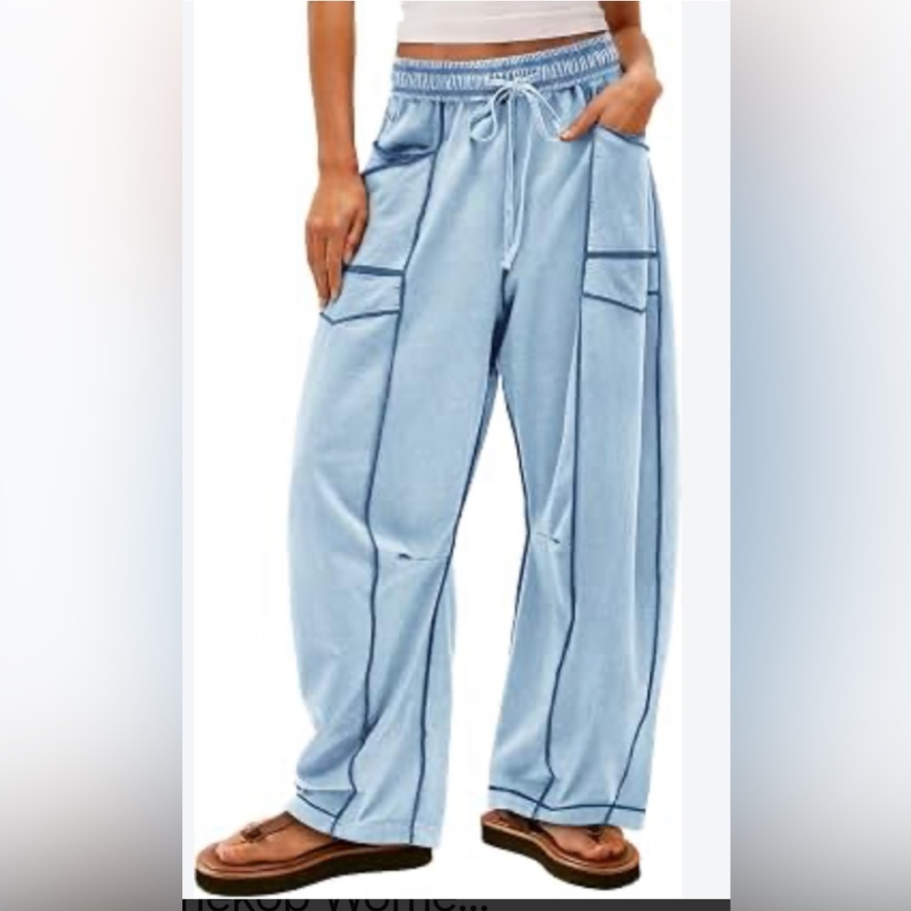 Yanekop Light Blue Wide-Leg Cargo Pants with Drawstring size M